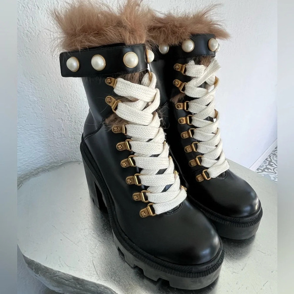 Gucci Shoes - Gucci Trip Black Lace Up Heel Combat Boots with Fur Trim & Pearl Details Size 5